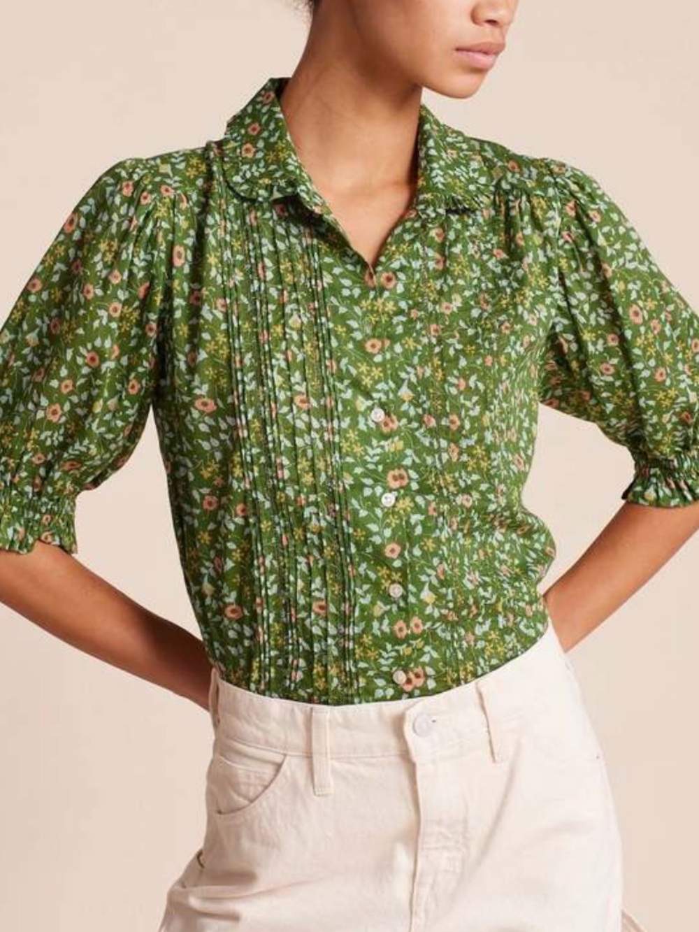 Trovata Birds of Paradis Gemma green ivy floral half sleeve blouse size XS